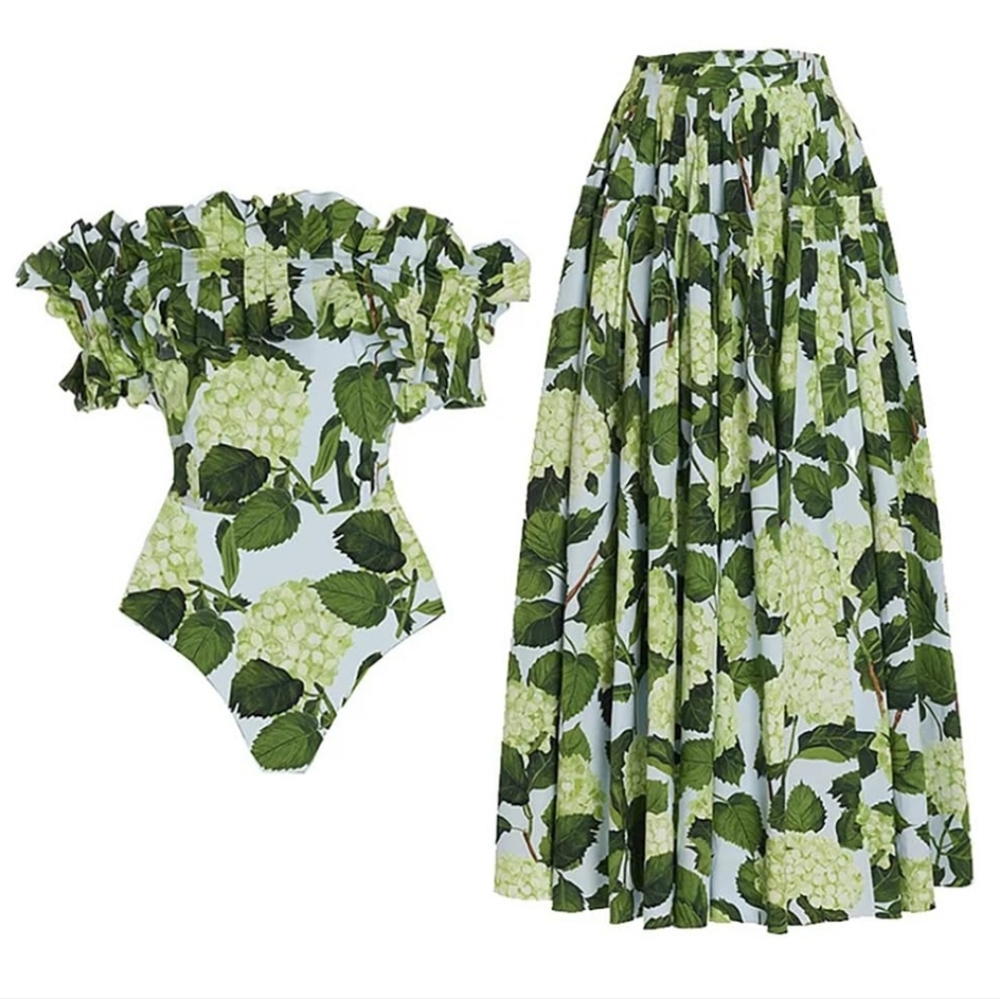 Floral Off-Shoulder Swimsuit and Skirt Set